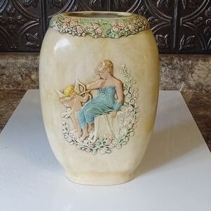 RARE Vintage English CUPID & LADY FLOWERS Porcelain Vase Collectable Signed